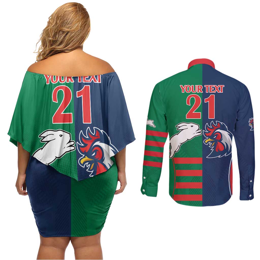 Custom Roosters-Rabbitohs Couples Matching Off Shoulder Short Dress and Long Sleeve Button Shirt NRL Tribal Half Style