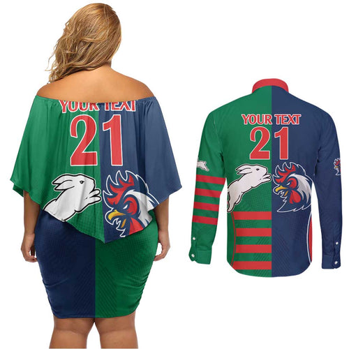 Custom Roosters-Rabbitohs Couples Matching Off Shoulder Short Dress and Long Sleeve Button Shirt NRL Tribal Half Style