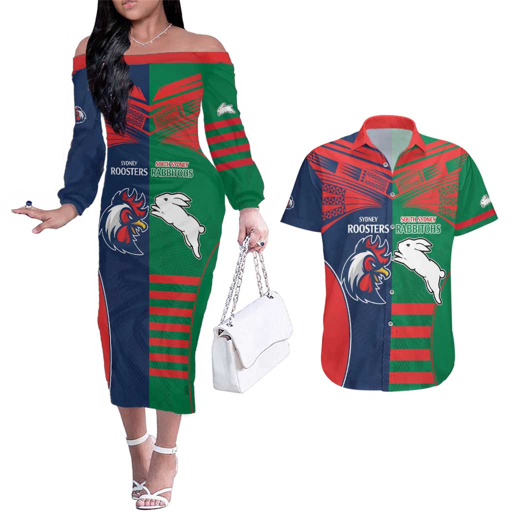 Custom Roosters-Rabbitohs Couples Matching Off The Shoulder Long Sleeve Dress and Hawaiian Shirt NRL Tribal Half Style