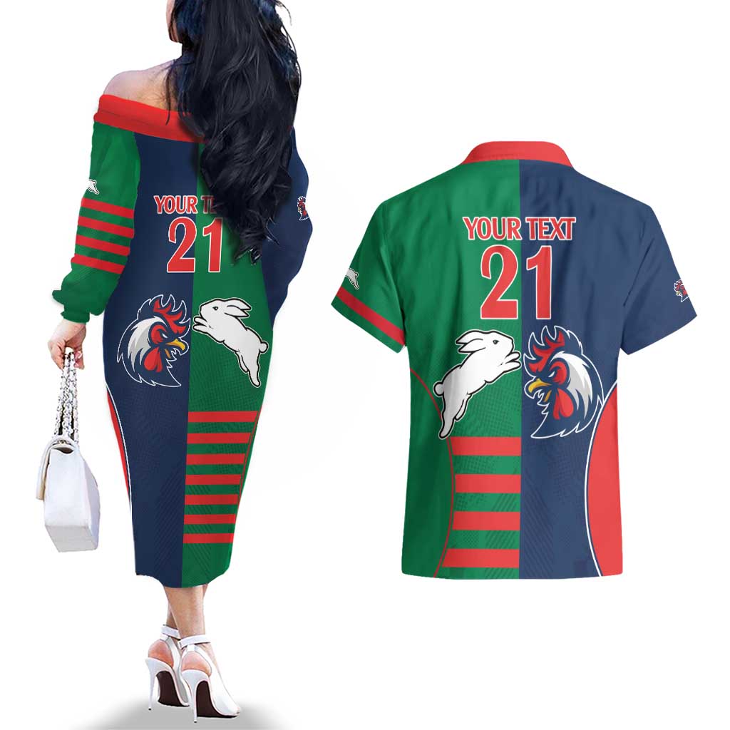 Custom Roosters-Rabbitohs Couples Matching Off The Shoulder Long Sleeve Dress and Hawaiian Shirt NRL Tribal Half Style