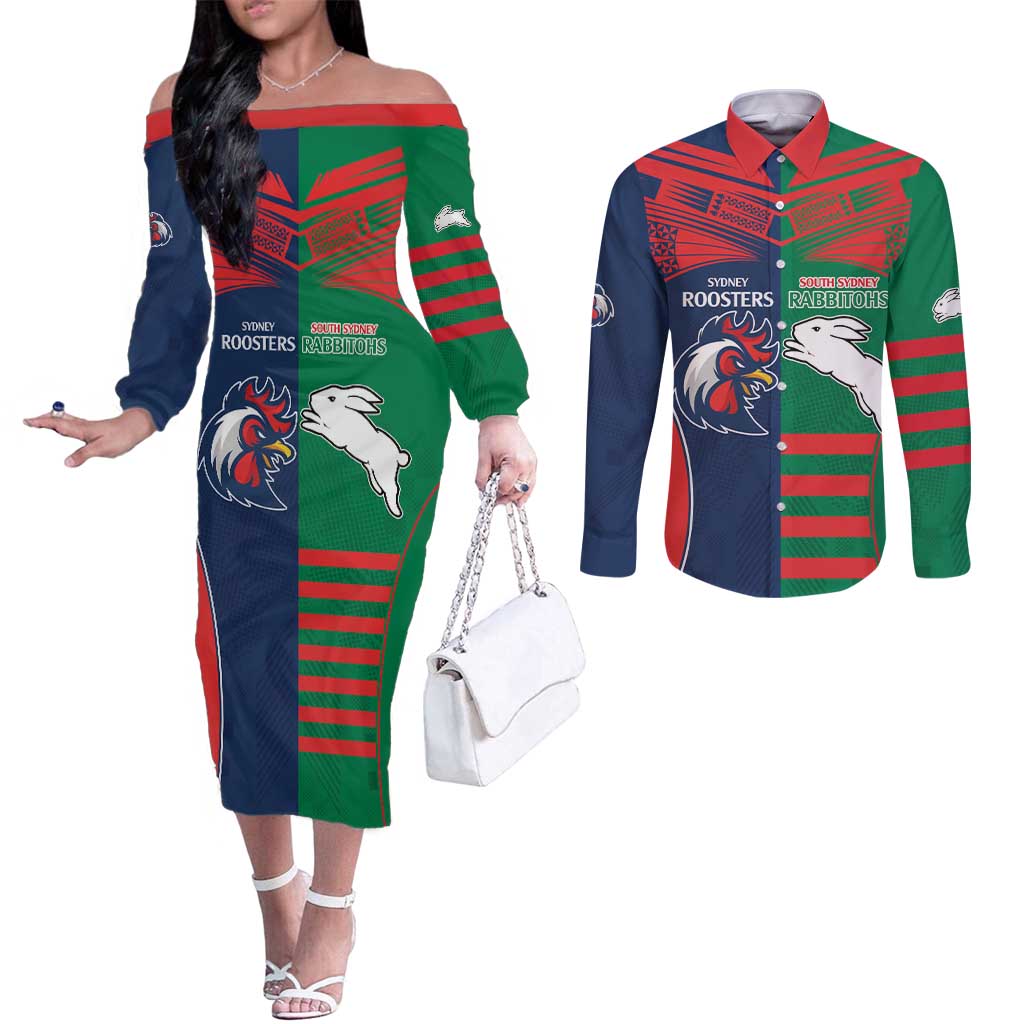Custom Roosters-Rabbitohs Couples Matching Off The Shoulder Long Sleeve Dress and Long Sleeve Button Shirt NRL Tribal Half Style