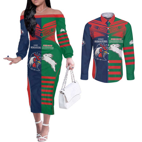 Custom Roosters-Rabbitohs Couples Matching Off The Shoulder Long Sleeve Dress and Long Sleeve Button Shirt NRL Tribal Half Style