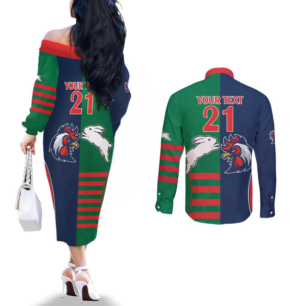 Custom Roosters-Rabbitohs Couples Matching Off The Shoulder Long Sleeve Dress and Long Sleeve Button Shirt NRL Tribal Half Style