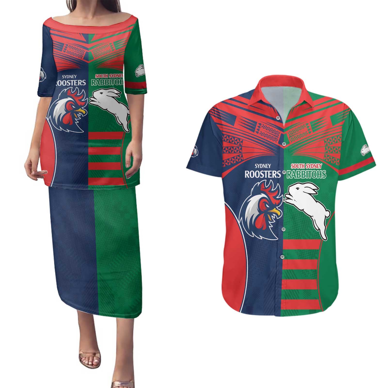 Custom Roosters-Rabbitohs Couples Matching Puletasi and Hawaiian Shirt NRL Tribal Half Style