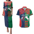 Custom Roosters-Rabbitohs Couples Matching Puletasi and Hawaiian Shirt NRL Tribal Half Style