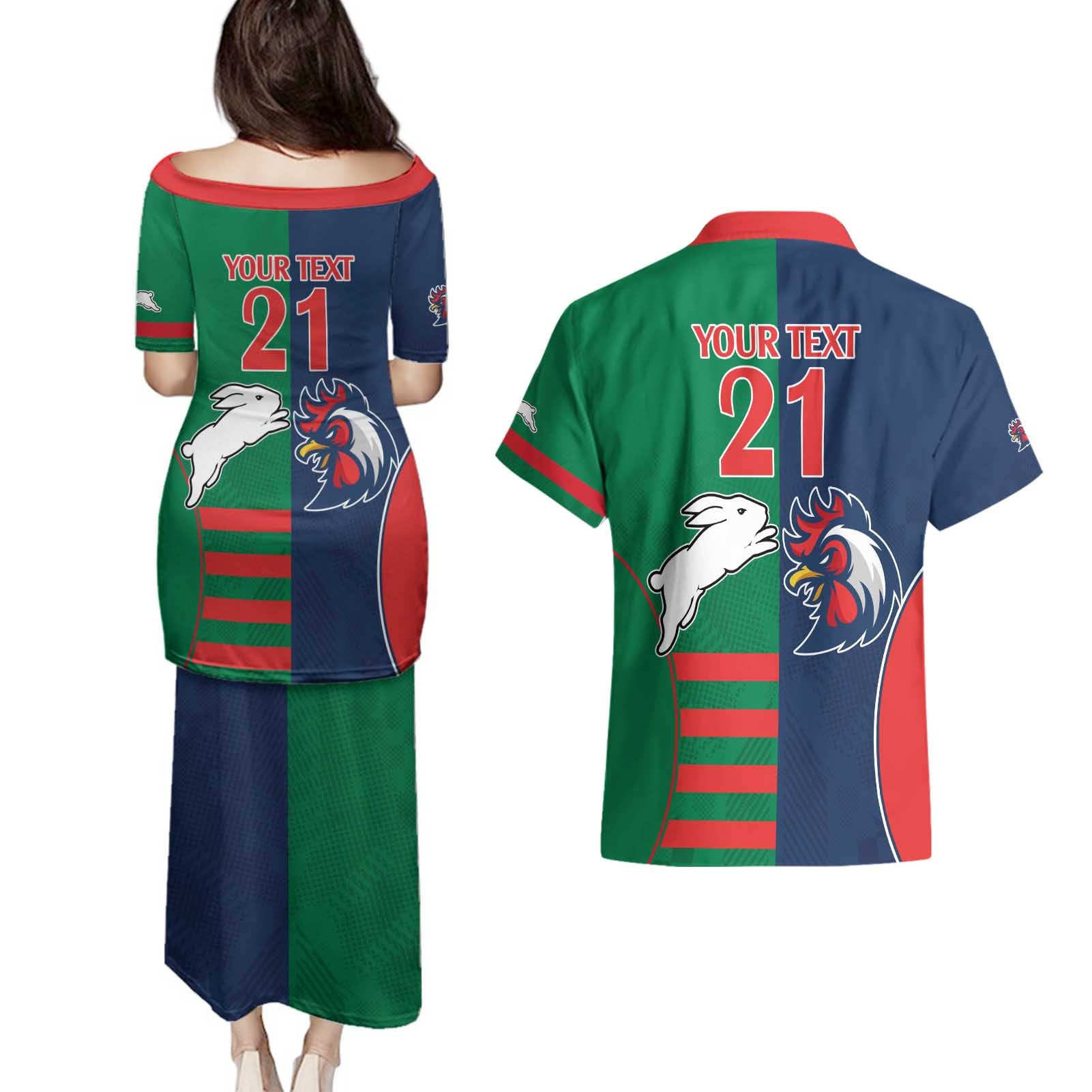 Custom Roosters-Rabbitohs Couples Matching Puletasi and Hawaiian Shirt NRL Tribal Half Style
