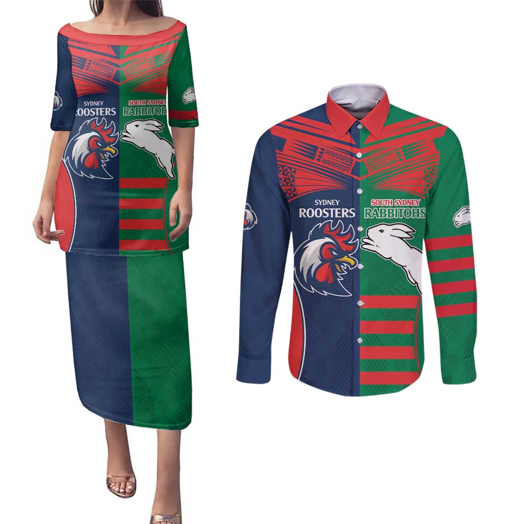 Custom Roosters-Rabbitohs Couples Matching Puletasi and Long Sleeve Button Shirt NRL Tribal Half Style