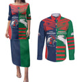 Custom Roosters-Rabbitohs Couples Matching Puletasi and Long Sleeve Button Shirt NRL Tribal Half Style