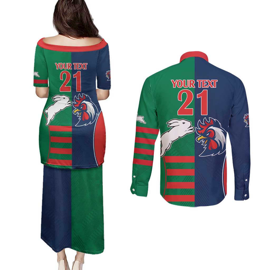 Custom Roosters-Rabbitohs Couples Matching Puletasi and Long Sleeve Button Shirt NRL Tribal Half Style