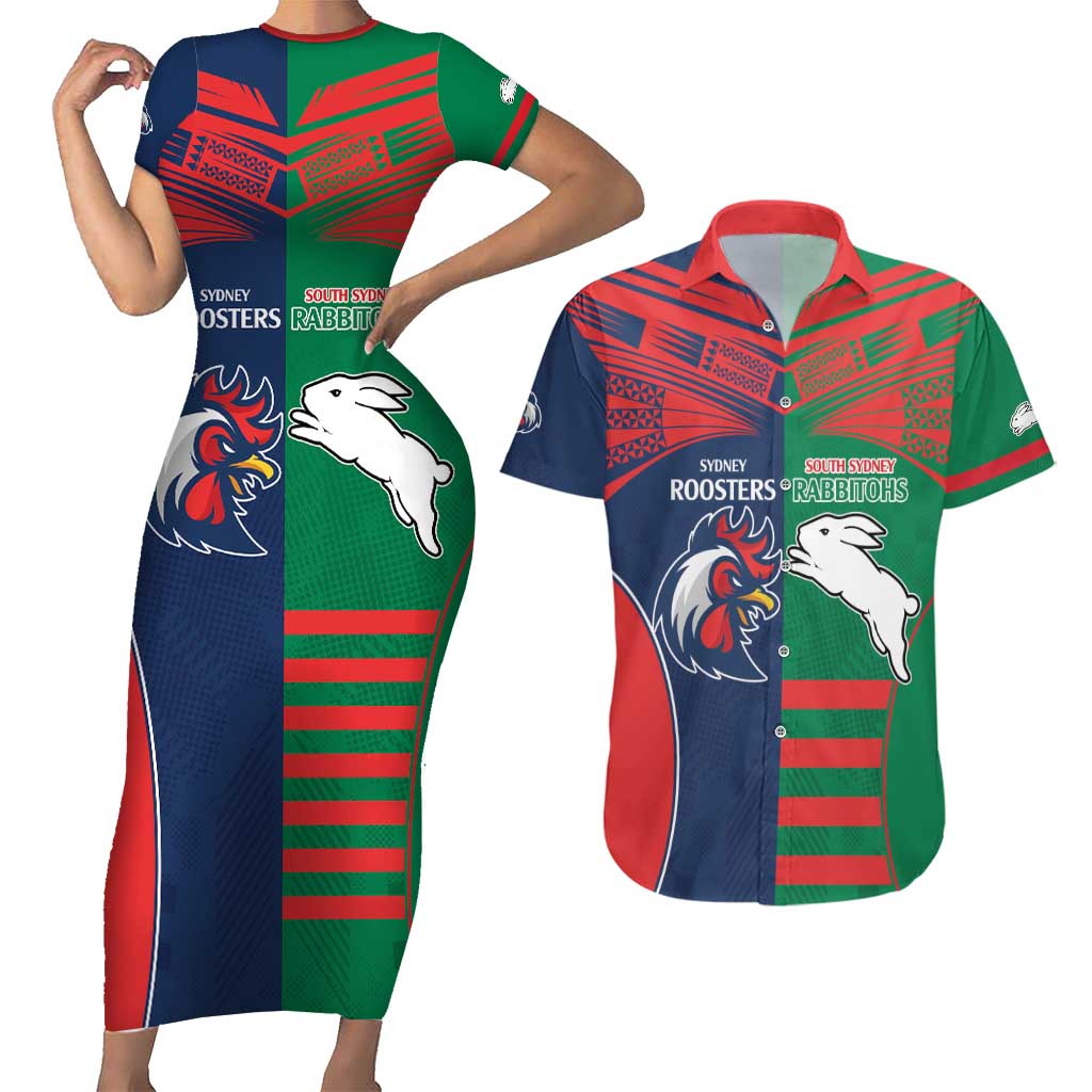 Custom Roosters-Rabbitohs Couples Matching Short Sleeve Bodycon Dress and Hawaiian Shirt NRL Tribal Half Style