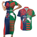 Custom Roosters-Rabbitohs Couples Matching Short Sleeve Bodycon Dress and Hawaiian Shirt NRL Tribal Half Style