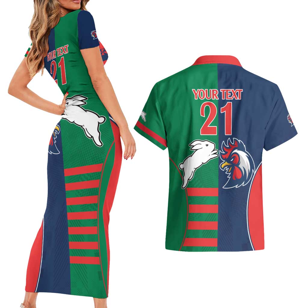 Custom Roosters-Rabbitohs Couples Matching Short Sleeve Bodycon Dress and Hawaiian Shirt NRL Tribal Half Style