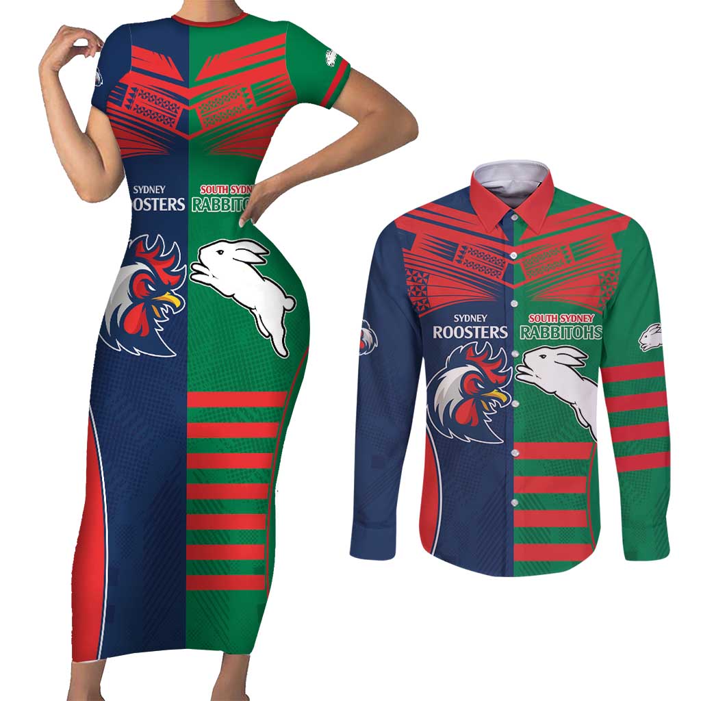 Custom Roosters-Rabbitohs Couples Matching Short Sleeve Bodycon Dress and Long Sleeve Button Shirt NRL Tribal Half Style