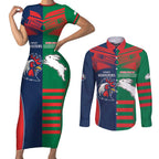 Custom Roosters-Rabbitohs Couples Matching Short Sleeve Bodycon Dress and Long Sleeve Button Shirt NRL Tribal Half Style