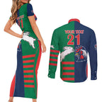 Custom Roosters-Rabbitohs Couples Matching Short Sleeve Bodycon Dress and Long Sleeve Button Shirt NRL Tribal Half Style