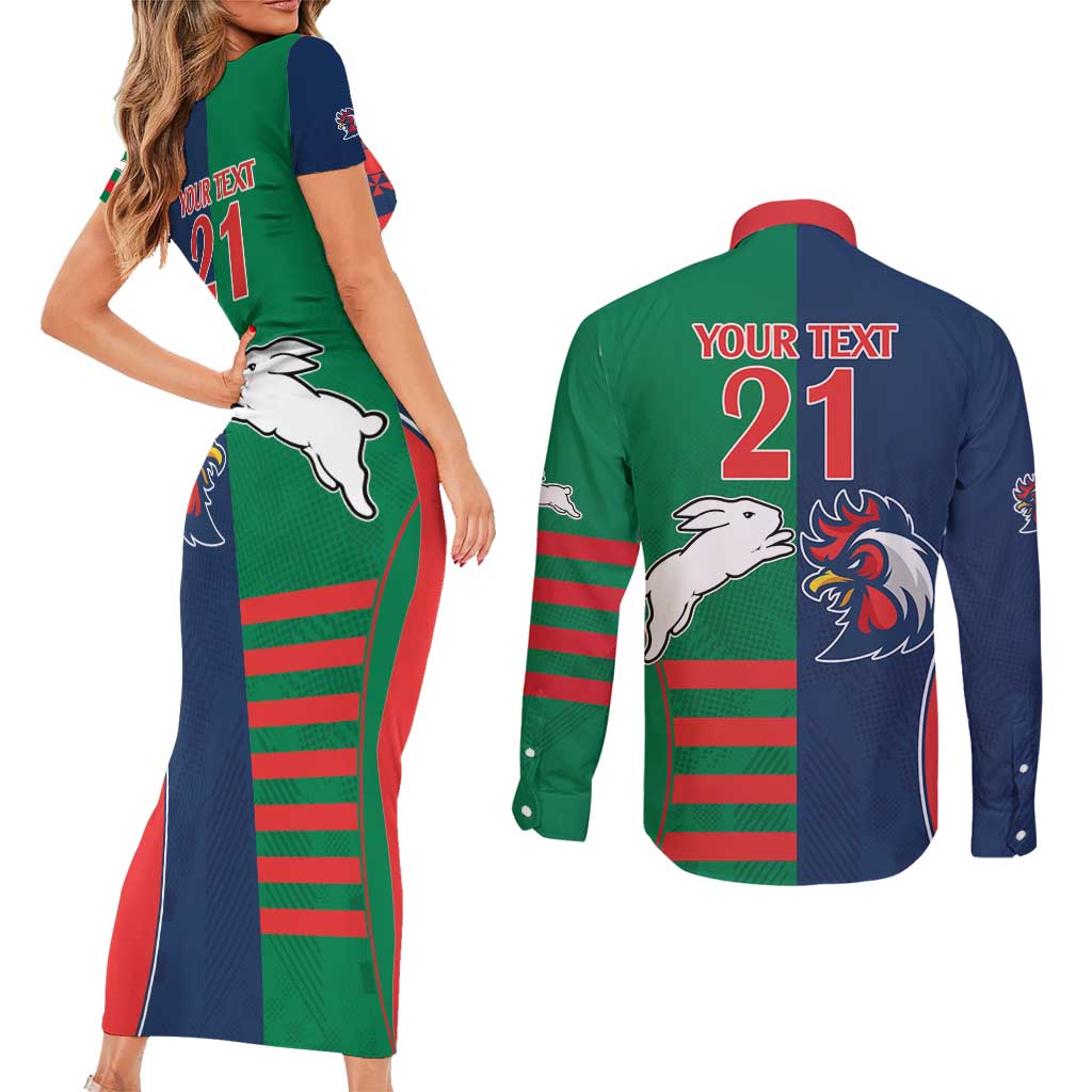 Custom Roosters-Rabbitohs Couples Matching Short Sleeve Bodycon Dress and Long Sleeve Button Shirt NRL Tribal Half Style