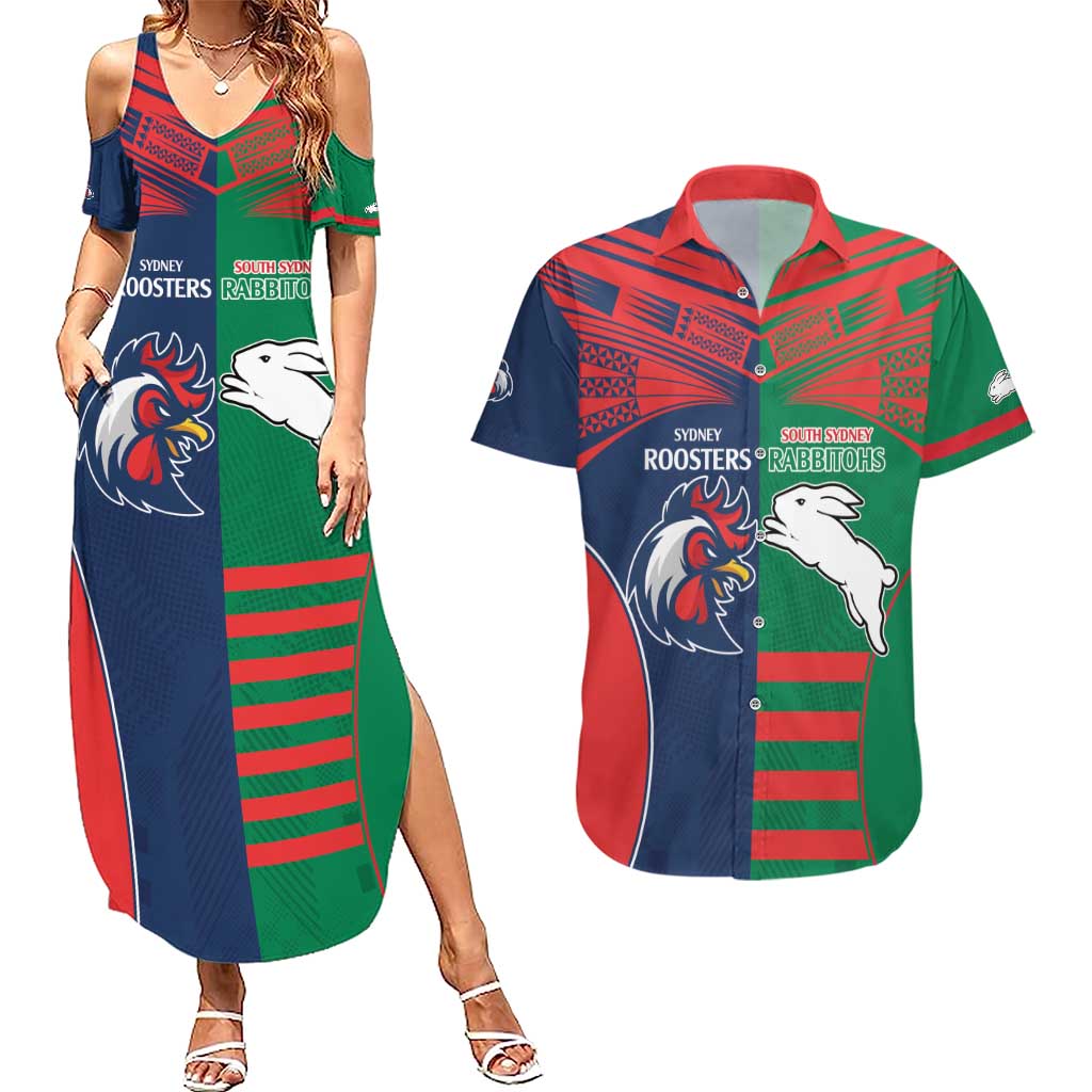 Custom Roosters-Rabbitohs Couples Matching Summer Maxi Dress and Hawaiian Shirt NRL Tribal Half Style