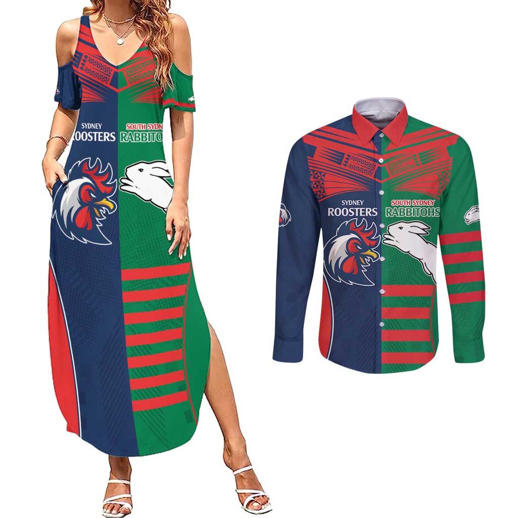 Custom Roosters-Rabbitohs Couples Matching Summer Maxi Dress and Long Sleeve Button Shirt NRL Tribal Half Style