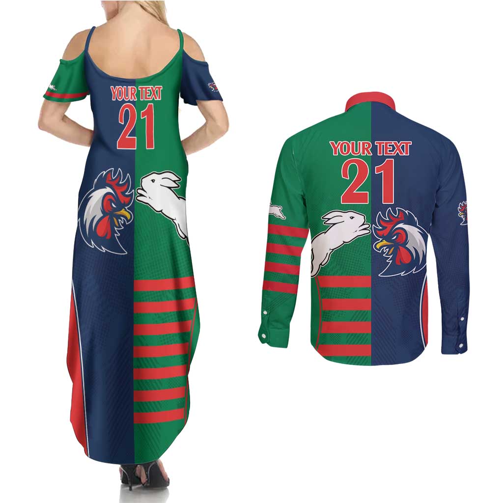 Custom Roosters-Rabbitohs Couples Matching Summer Maxi Dress and Long Sleeve Button Shirt NRL Tribal Half Style