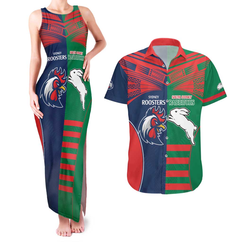 Custom Roosters-Rabbitohs Couples Matching Tank Maxi Dress and Hawaiian Shirt NRL Tribal Half Style