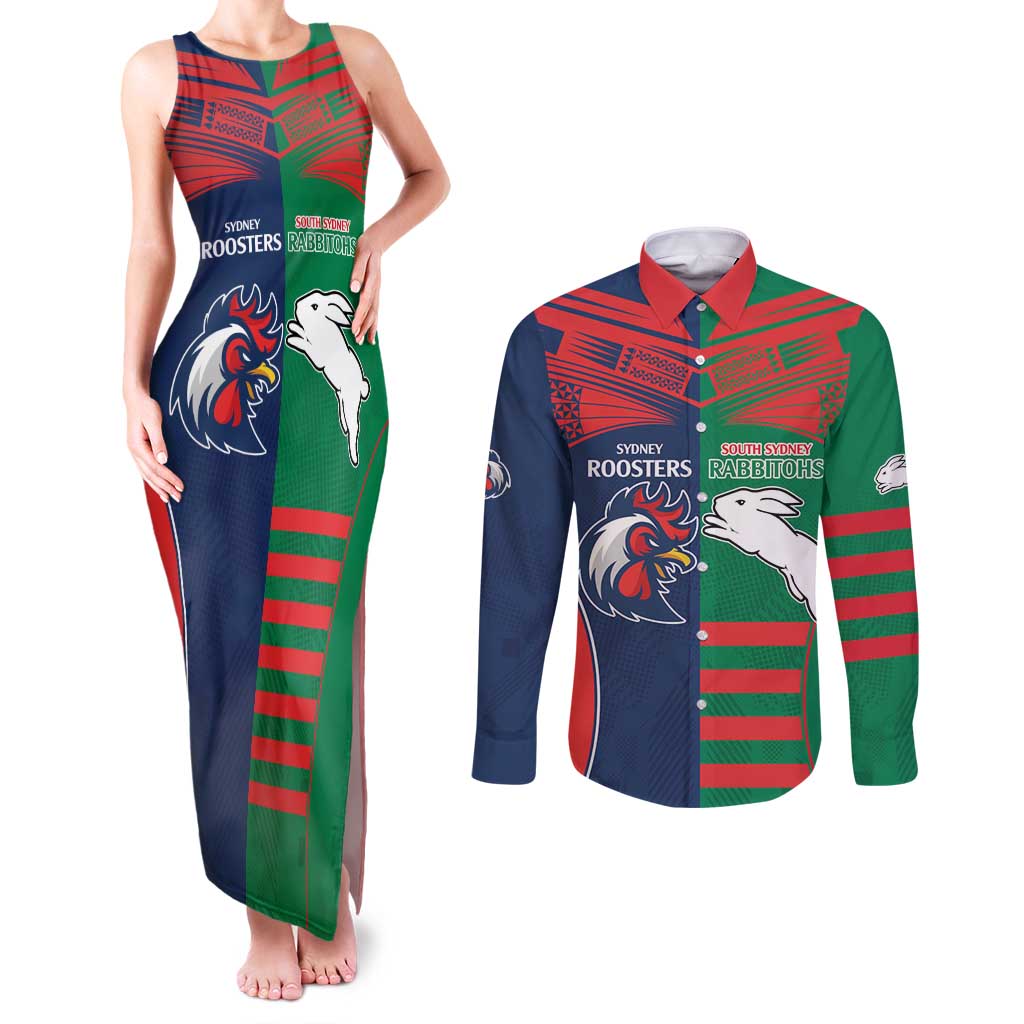 Custom Roosters-Rabbitohs Couples Matching Tank Maxi Dress and Long Sleeve Button Shirt NRL Tribal Half Style