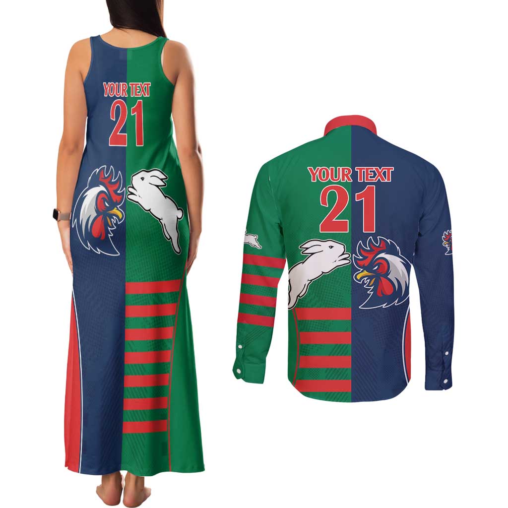 Custom Roosters-Rabbitohs Couples Matching Tank Maxi Dress and Long Sleeve Button Shirt NRL Tribal Half Style