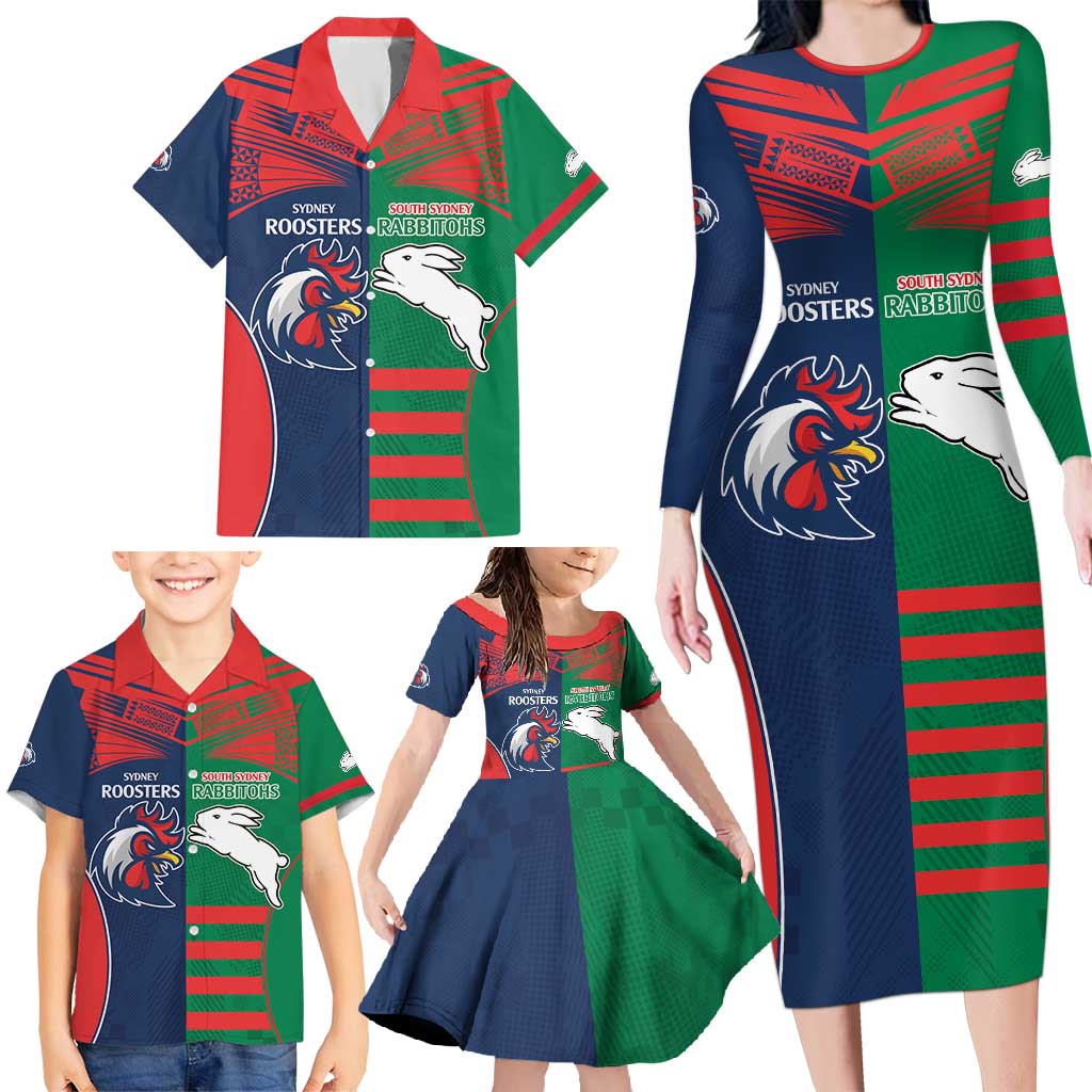 Custom Roosters-Rabbitohs Family Matching Long Sleeve Bodycon Dress and Hawaiian Shirt NRL Tribal Half Style