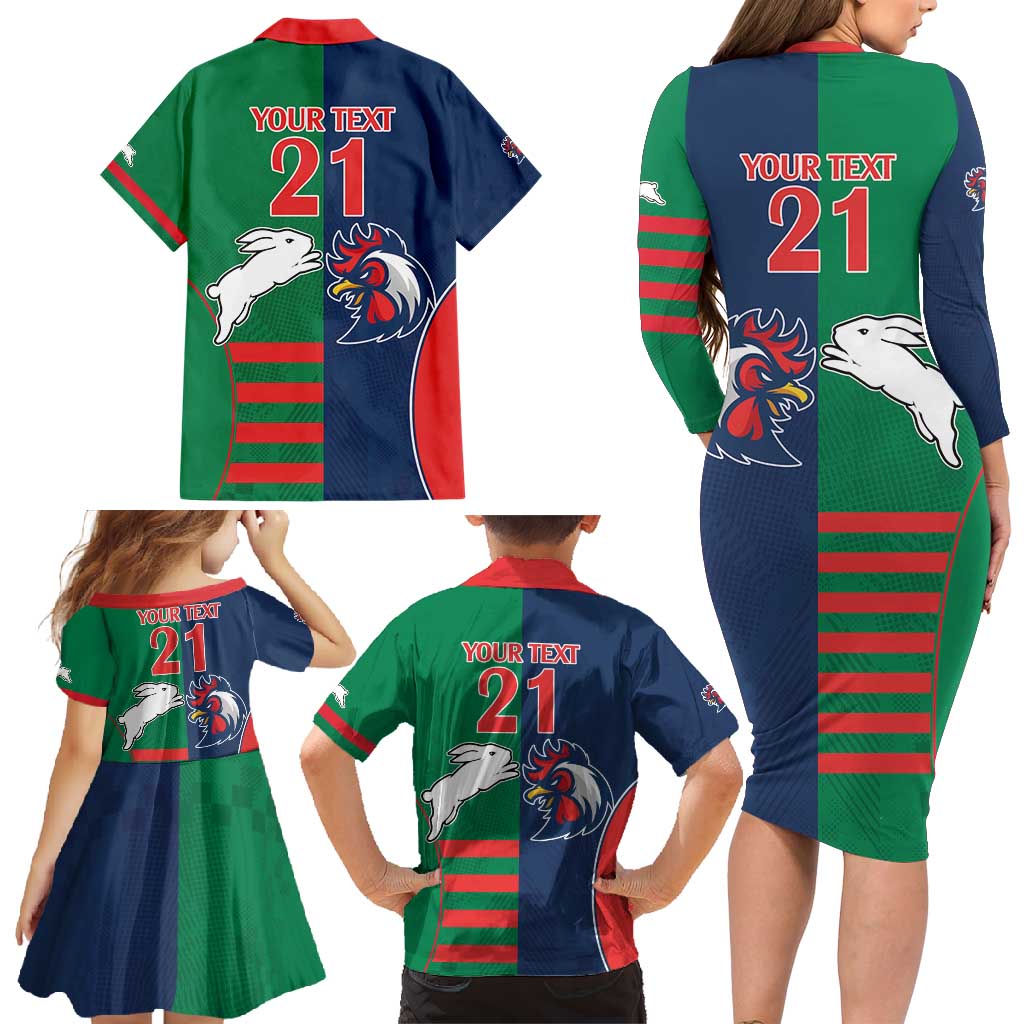 Custom Roosters-Rabbitohs Family Matching Long Sleeve Bodycon Dress and Hawaiian Shirt NRL Tribal Half Style