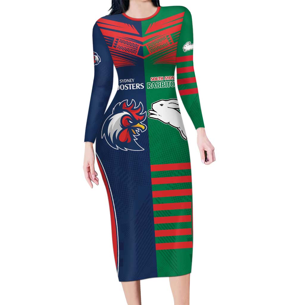 Custom Roosters-Rabbitohs Family Matching Long Sleeve Bodycon Dress and Hawaiian Shirt NRL Tribal Half Style