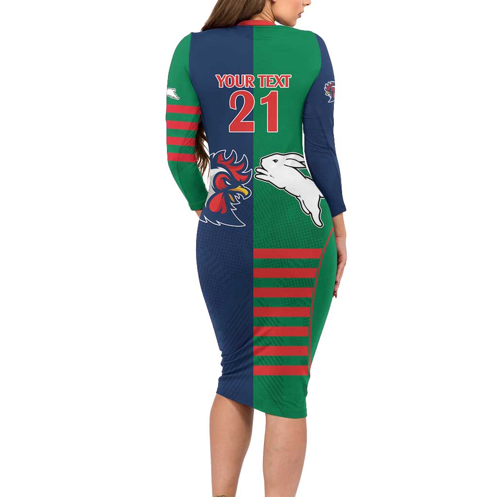 Custom Roosters-Rabbitohs Family Matching Long Sleeve Bodycon Dress and Hawaiian Shirt NRL Tribal Half Style
