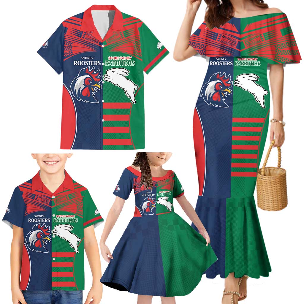 Custom Roosters-Rabbitohs Family Matching Mermaid Dress and Hawaiian Shirt NRL Tribal Half Style