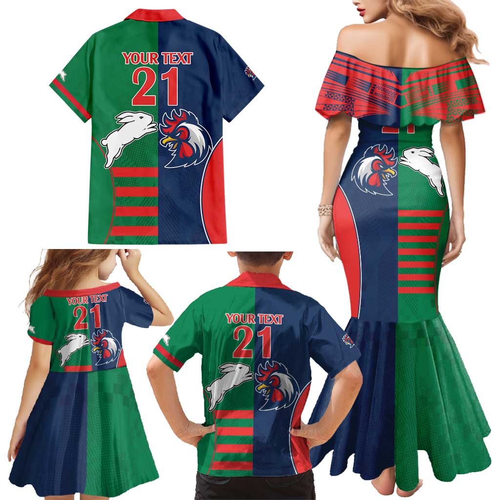 Custom Roosters-Rabbitohs Family Matching Mermaid Dress and Hawaiian Shirt NRL Tribal Half Style