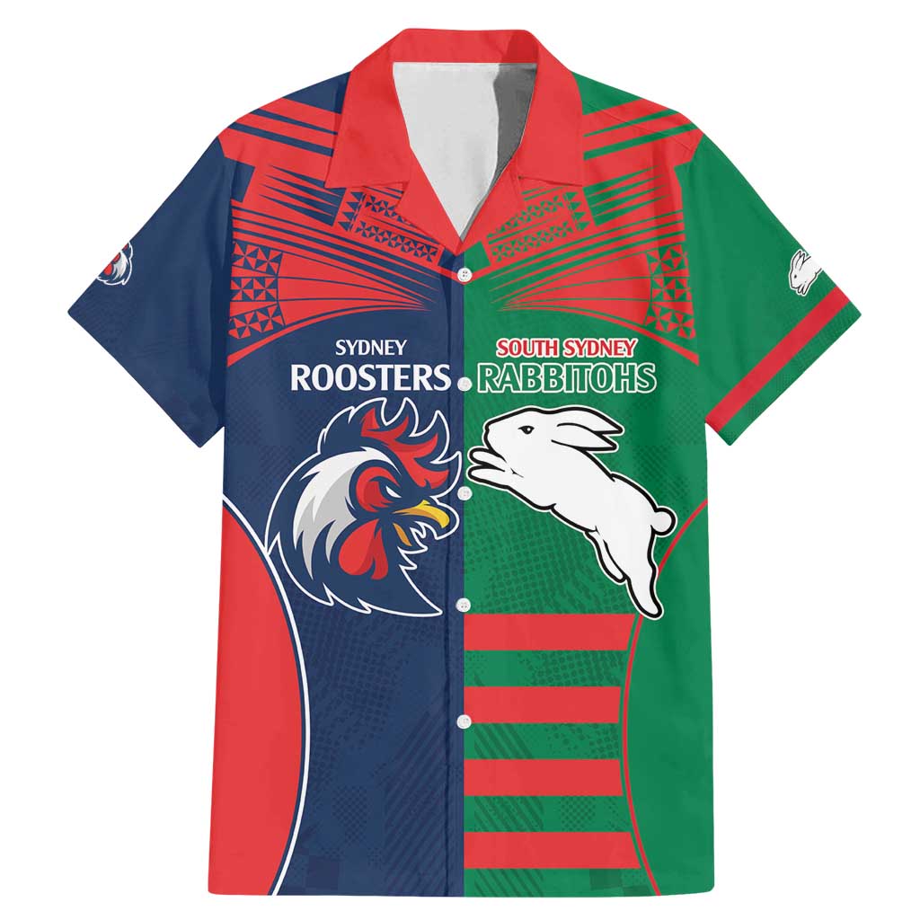 Custom Roosters-Rabbitohs Family Matching Mermaid Dress and Hawaiian Shirt NRL Tribal Half Style