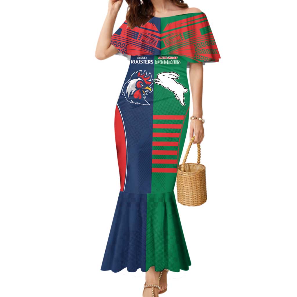 Custom Roosters-Rabbitohs Family Matching Mermaid Dress and Hawaiian Shirt NRL Tribal Half Style