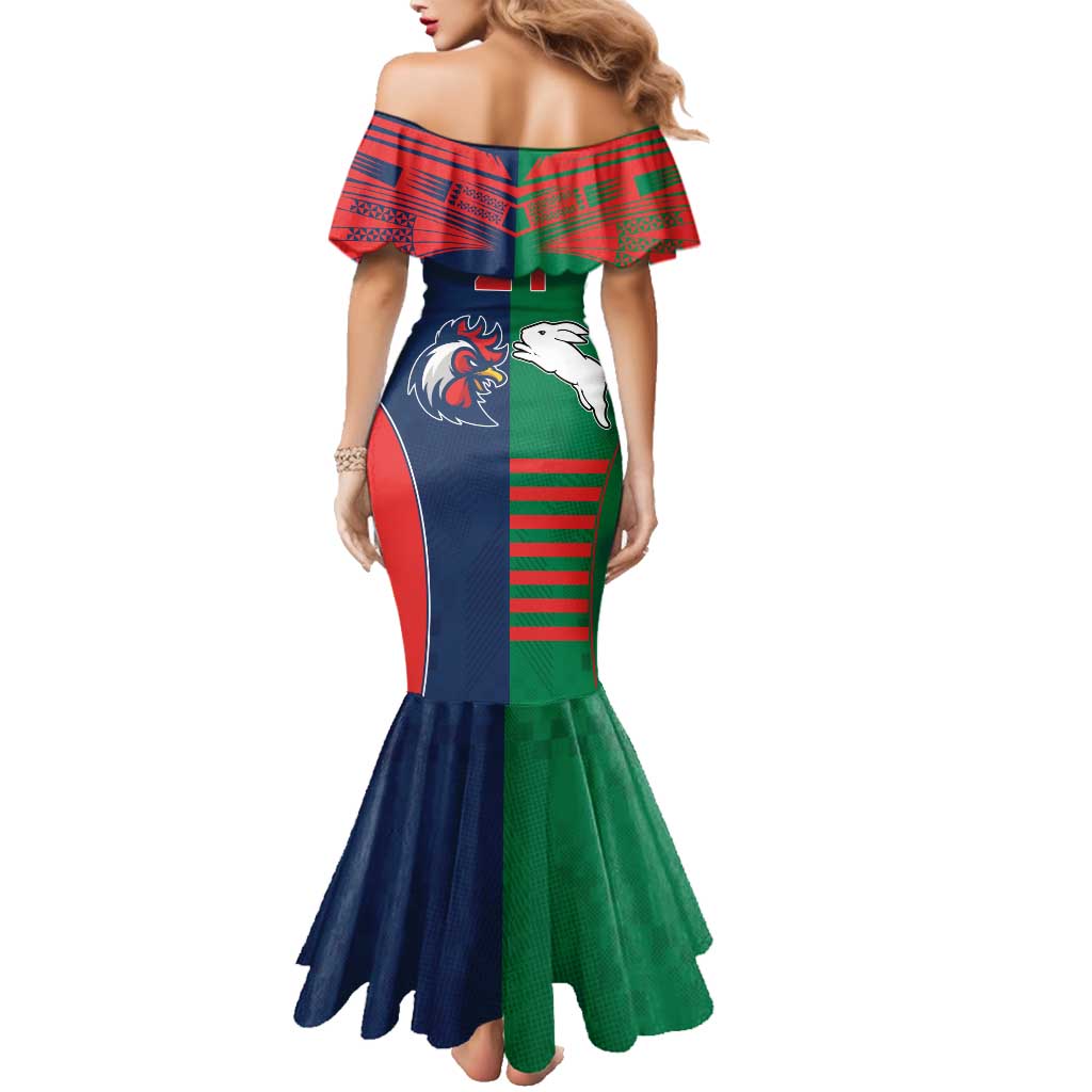 Custom Roosters-Rabbitohs Family Matching Mermaid Dress and Hawaiian Shirt NRL Tribal Half Style
