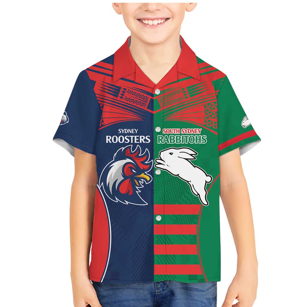 Custom Roosters-Rabbitohs Family Matching Mermaid Dress and Hawaiian Shirt NRL Tribal Half Style