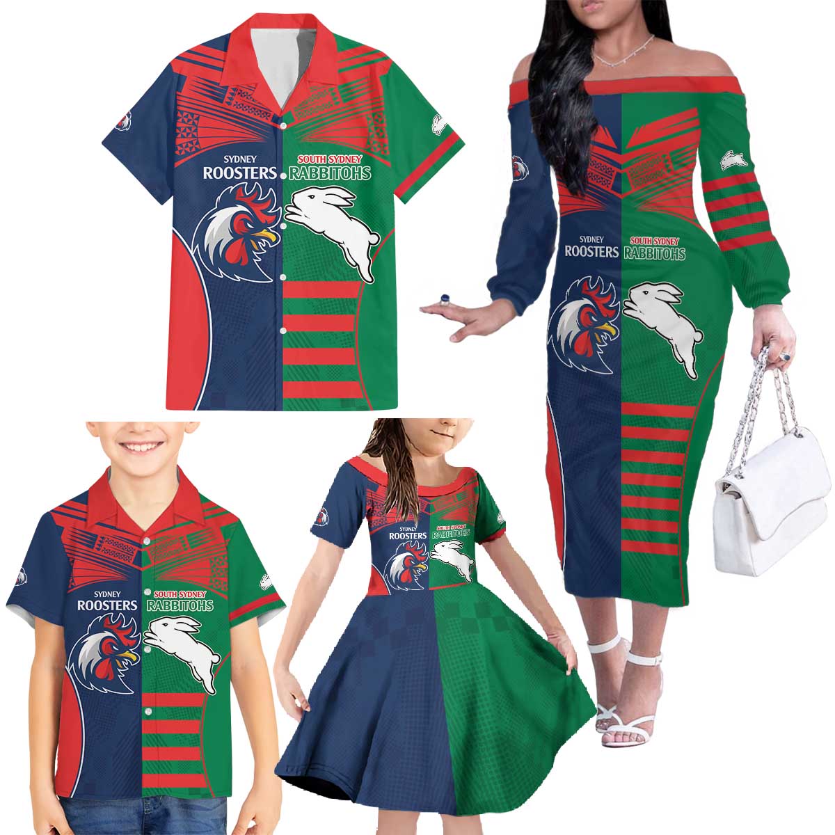 Custom Roosters-Rabbitohs Family Matching Off The Shoulder Long Sleeve Dress and Hawaiian Shirt NRL Tribal Half Style