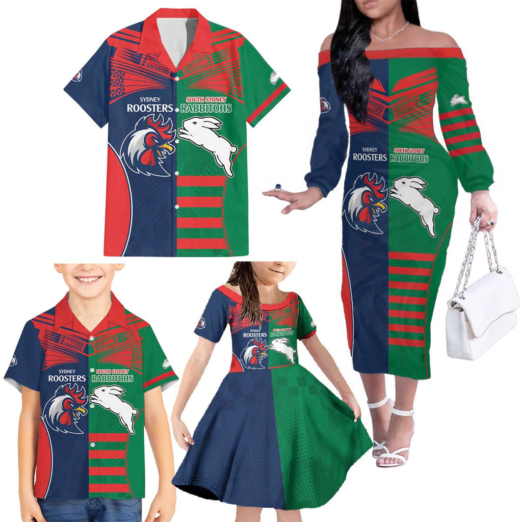 Custom Roosters-Rabbitohs Family Matching Off The Shoulder Long Sleeve Dress and Hawaiian Shirt NRL Tribal Half Style