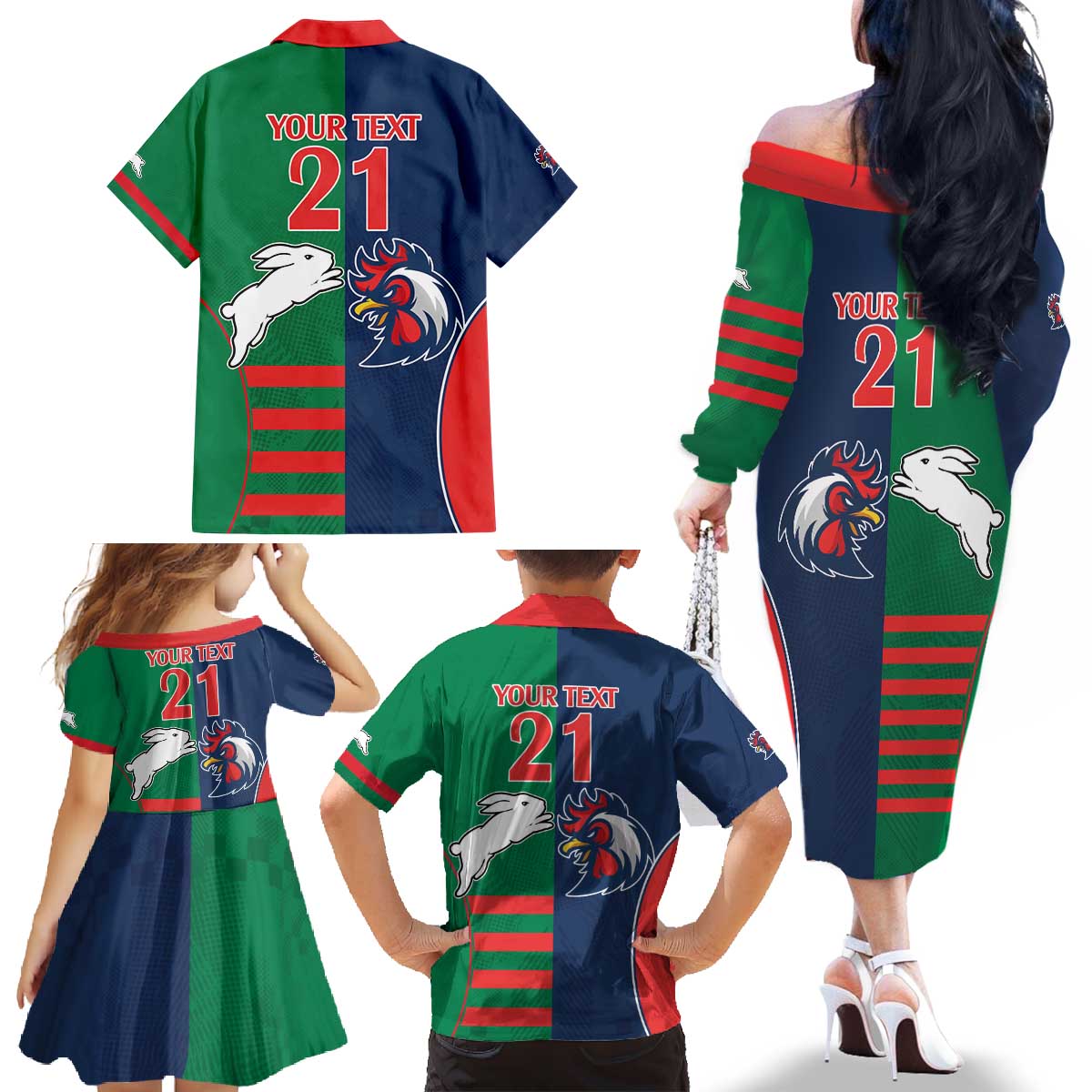 Custom Roosters-Rabbitohs Family Matching Off The Shoulder Long Sleeve Dress and Hawaiian Shirt NRL Tribal Half Style
