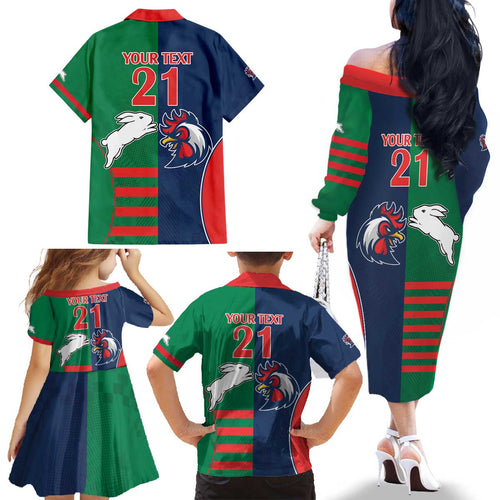 Custom Roosters-Rabbitohs Family Matching Off The Shoulder Long Sleeve Dress and Hawaiian Shirt NRL Tribal Half Style