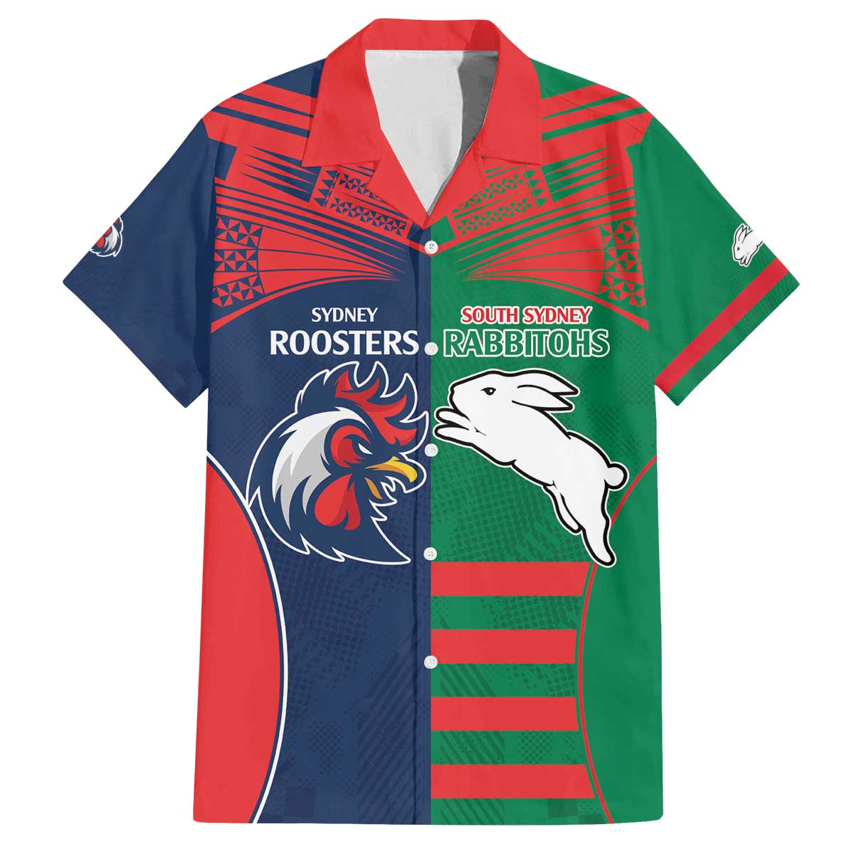 Custom Roosters-Rabbitohs Family Matching Off The Shoulder Long Sleeve Dress and Hawaiian Shirt NRL Tribal Half Style