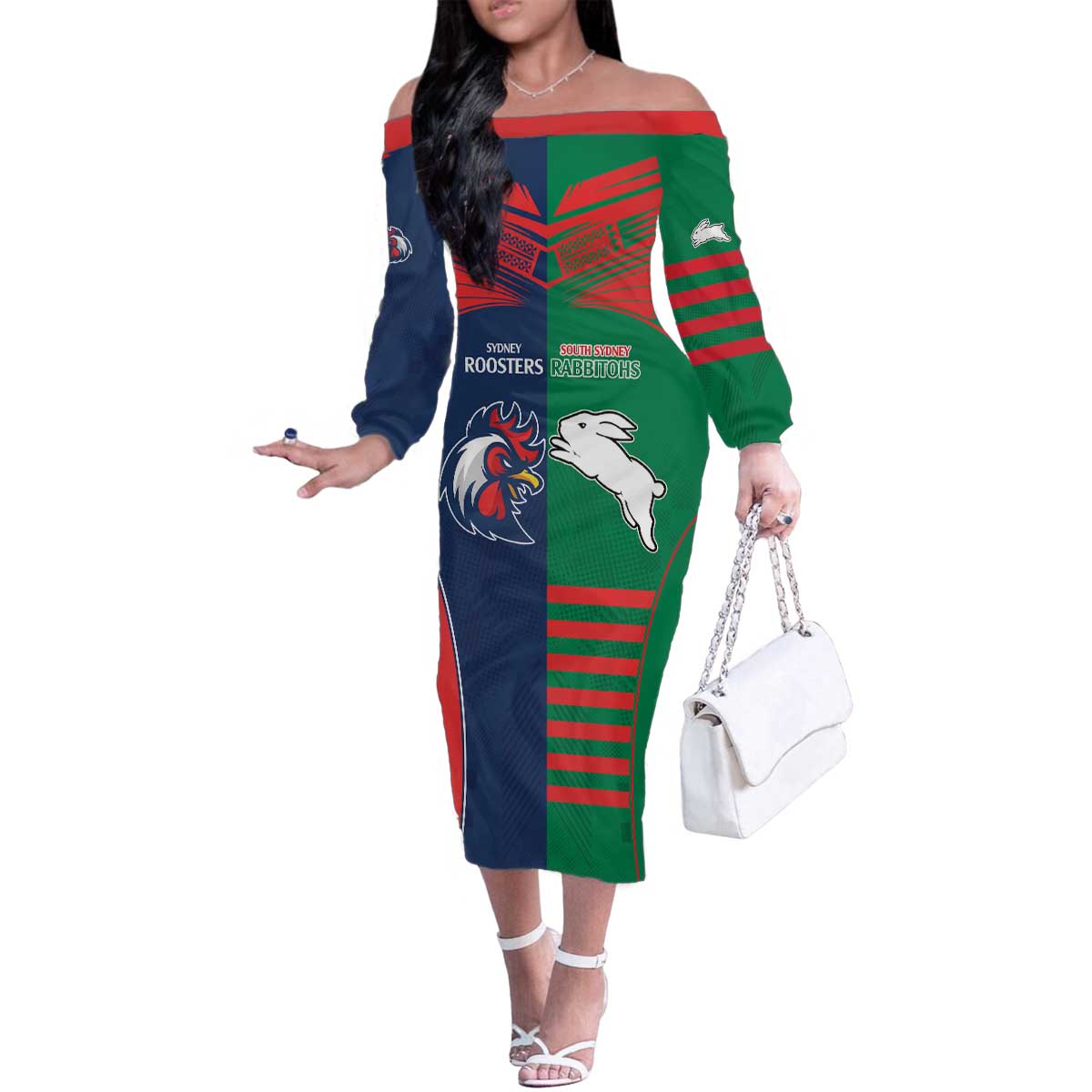 Custom Roosters-Rabbitohs Family Matching Off The Shoulder Long Sleeve Dress and Hawaiian Shirt NRL Tribal Half Style