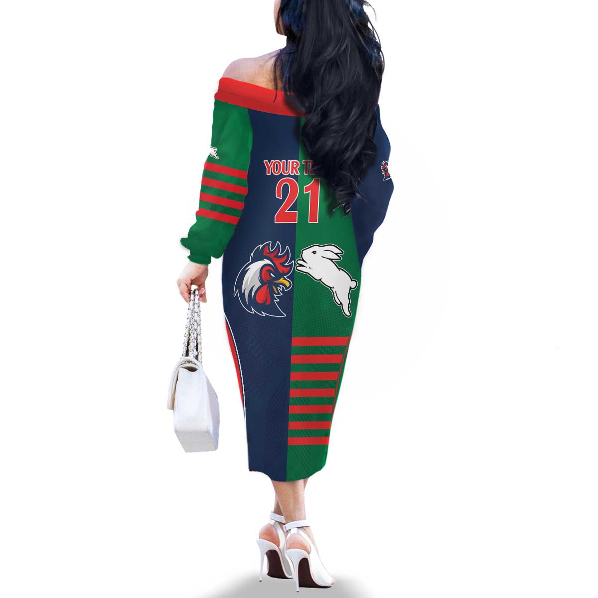 Custom Roosters-Rabbitohs Family Matching Off The Shoulder Long Sleeve Dress and Hawaiian Shirt NRL Tribal Half Style