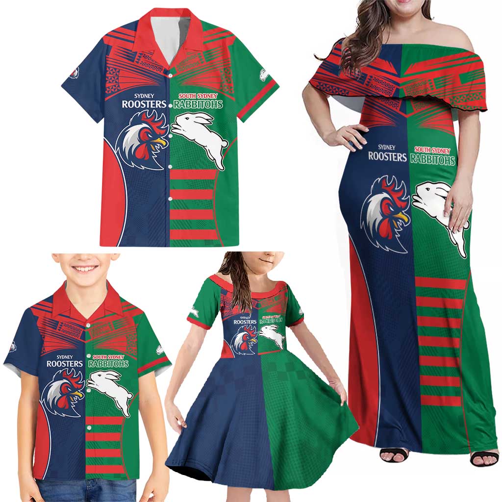 Custom Roosters-Rabbitohs Family Matching Off Shoulder Maxi Dress and Hawaiian Shirt NRL Tribal Half Style