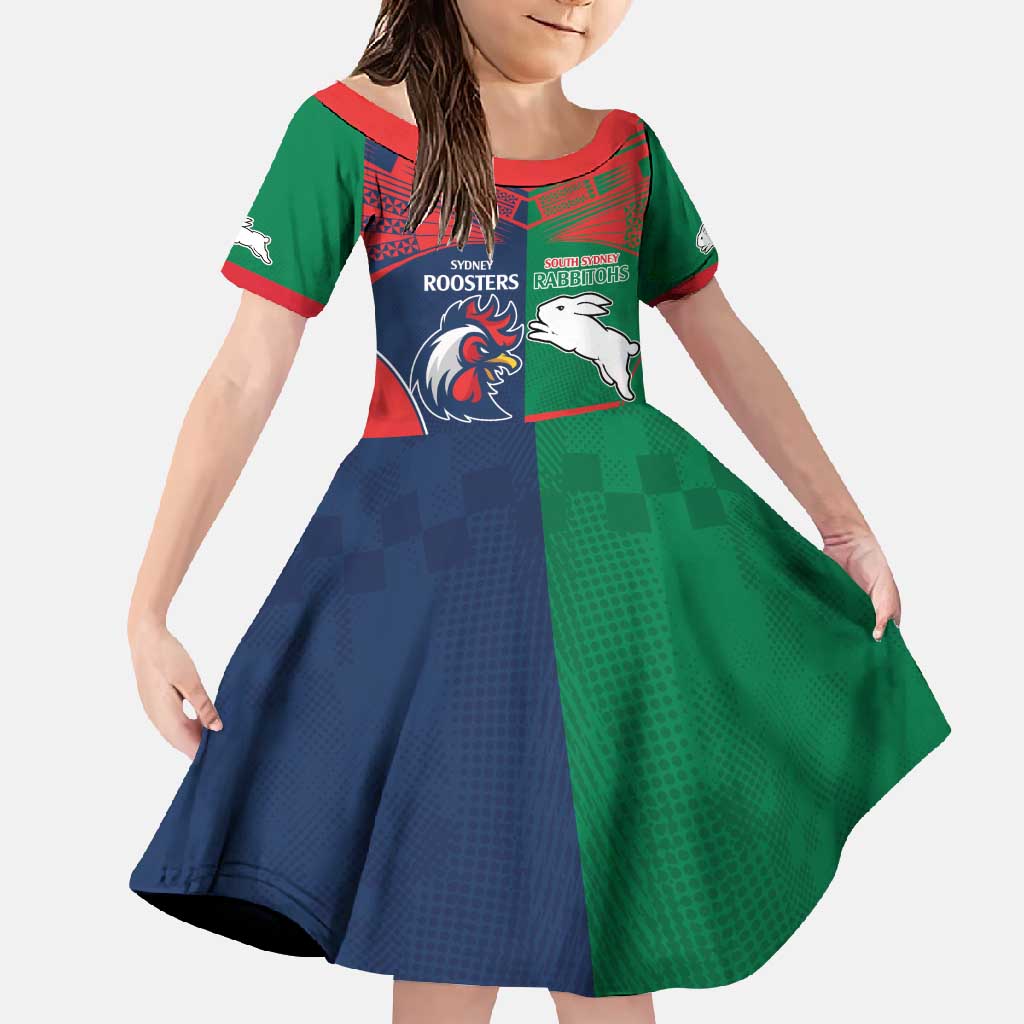 Custom Roosters-Rabbitohs Family Matching Off Shoulder Maxi Dress and Hawaiian Shirt NRL Tribal Half Style
