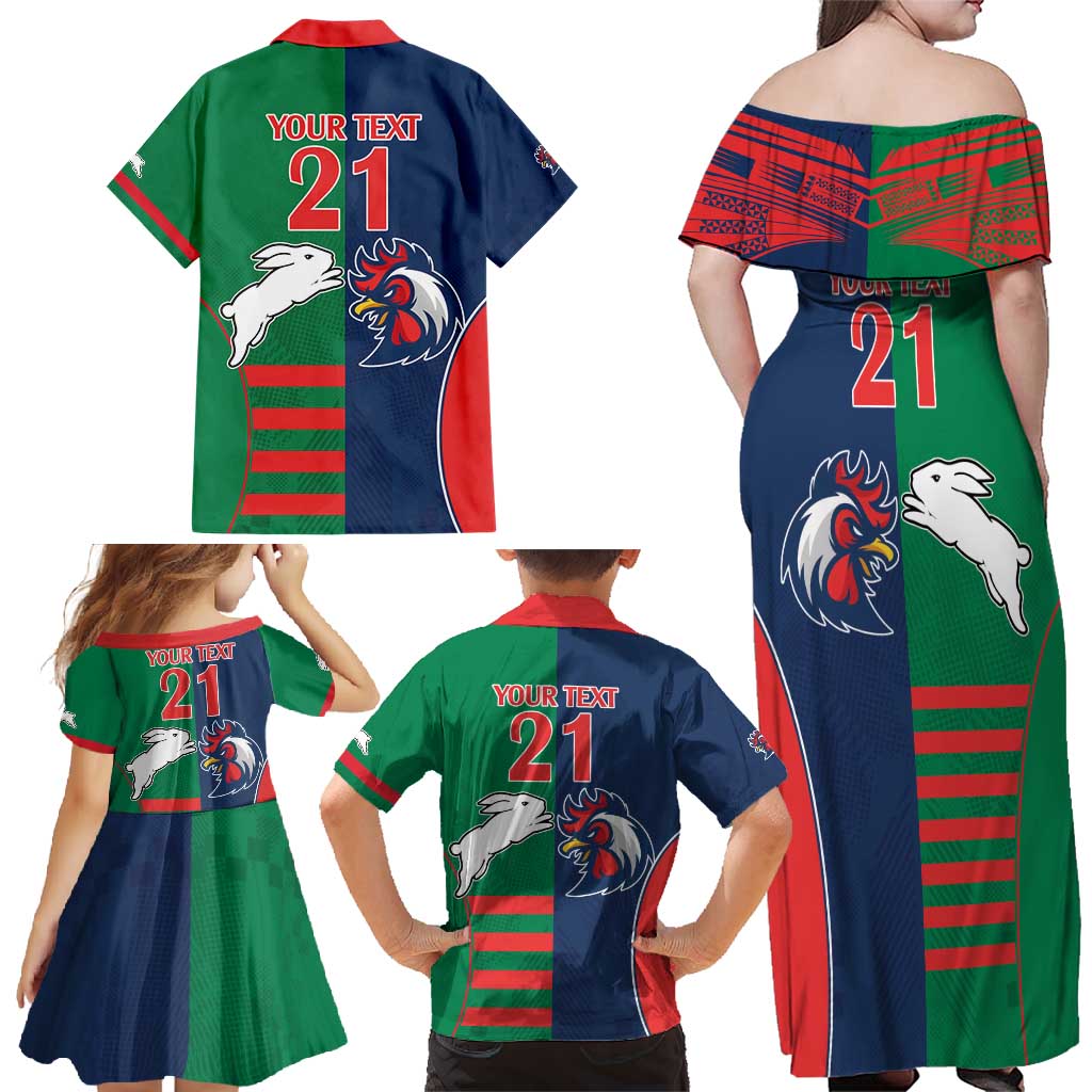 Custom Roosters-Rabbitohs Family Matching Off Shoulder Maxi Dress and Hawaiian Shirt NRL Tribal Half Style
