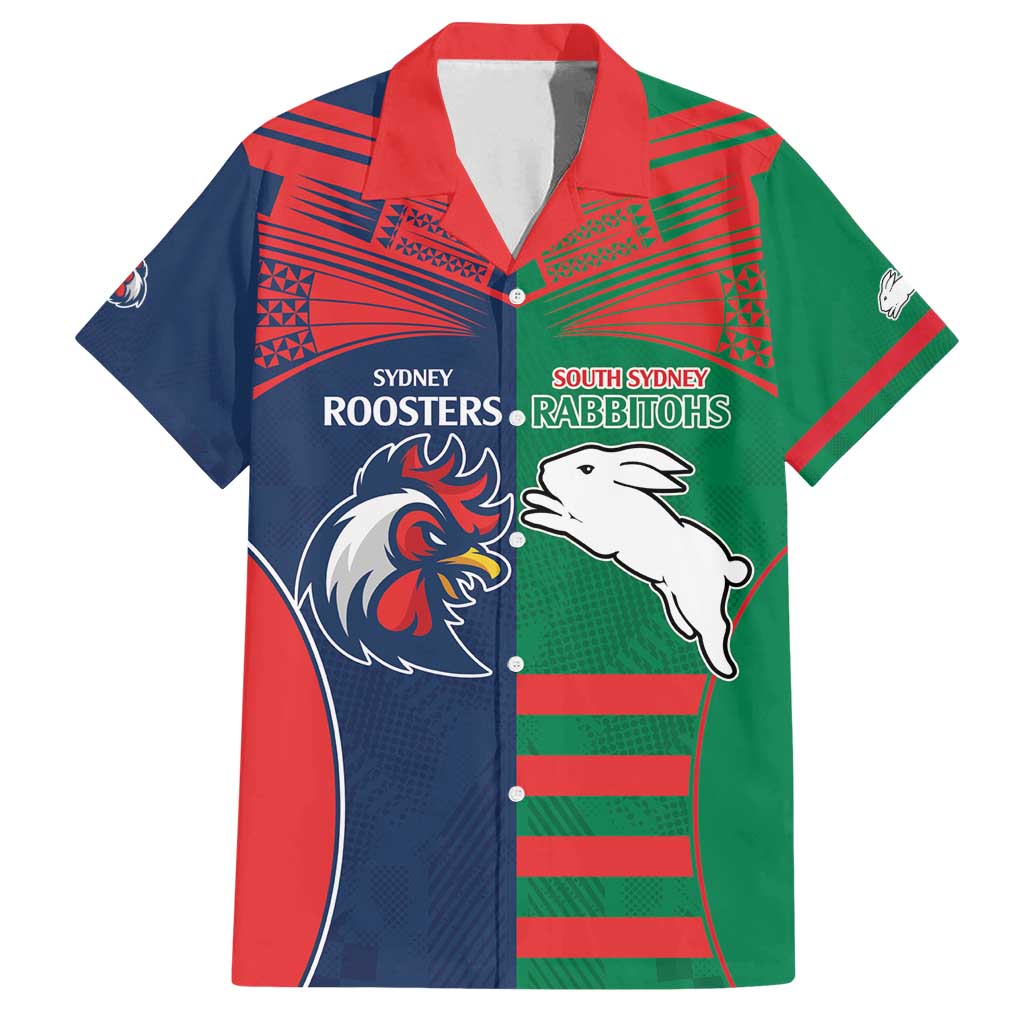 Custom Roosters-Rabbitohs Family Matching Off Shoulder Maxi Dress and Hawaiian Shirt NRL Tribal Half Style