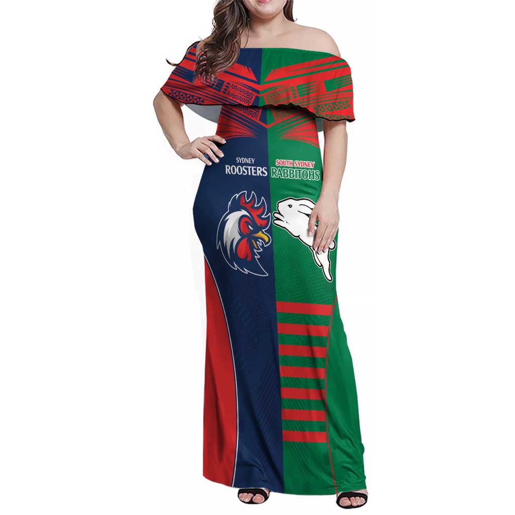 Custom Roosters-Rabbitohs Family Matching Off Shoulder Maxi Dress and Hawaiian Shirt NRL Tribal Half Style