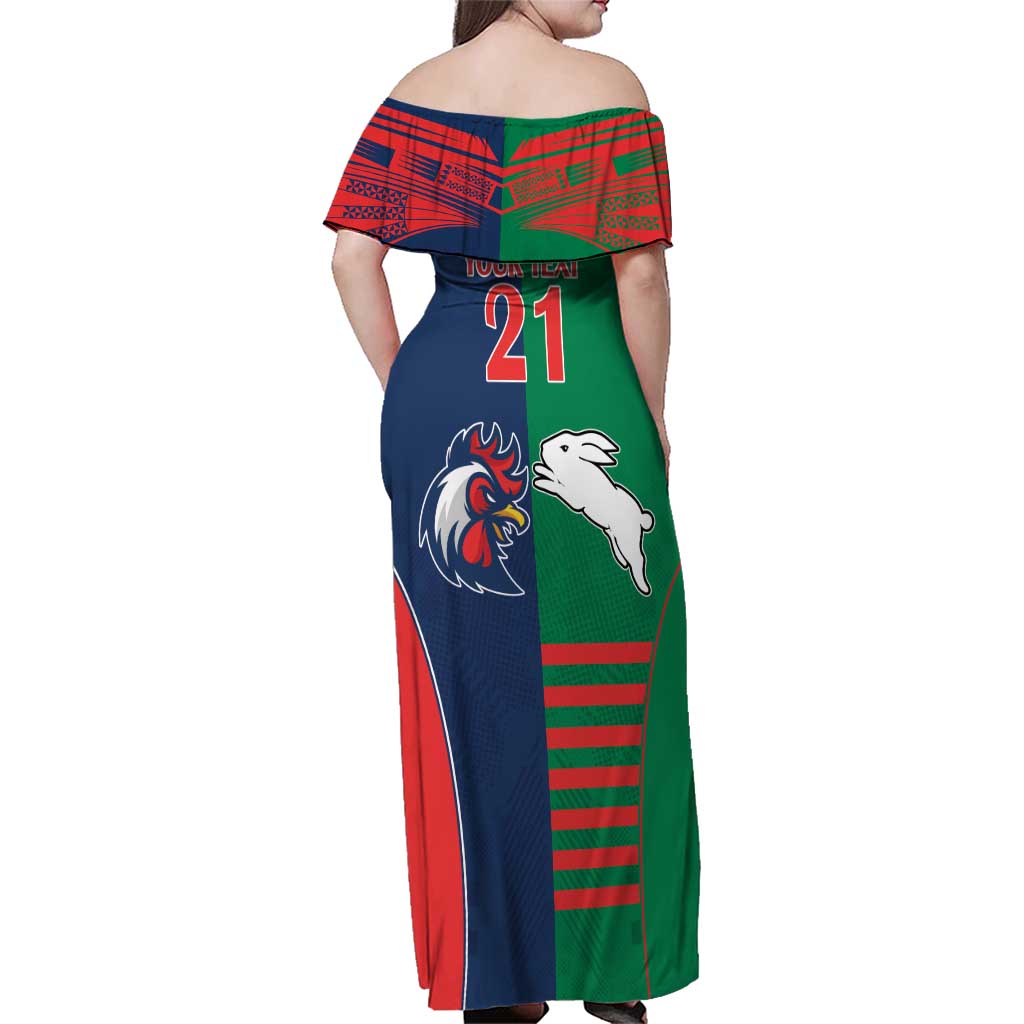 Custom Roosters-Rabbitohs Family Matching Off Shoulder Maxi Dress and Hawaiian Shirt NRL Tribal Half Style