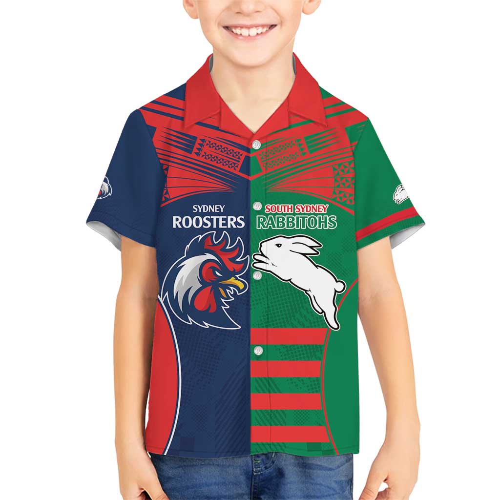 Custom Roosters-Rabbitohs Family Matching Off Shoulder Maxi Dress and Hawaiian Shirt NRL Tribal Half Style